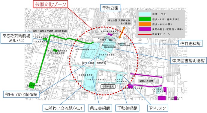 イラスト：芸術文化ゾーンの対象範囲および文化施設の位置を示す地図