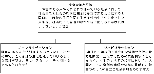 完全参加とびょうどう、障がいのある人がそれぞれの住んでいる社会において、社会生活と社会の発展に完全に参加できるようにすると同時に、ほかの住民と同じ生活条件の中で生み出された成果を、経済的にも合理的かつびょうどうに配分されなければならないという理念。ノーマライゼーション、障がいのある人を特別視するのではなく、社会の中で、ごく普通の生活を送っていけるような環境を整え、ともに生きることこそ人間社会であるという考え。リハビリテーション、身体的・精神的・社会的な活動性と適応能力を開発・回復するための技術訓練にとどまらず、人生のすべての段階において、人間としての権利の確保や復権に貢献し、障がいのある人の自立と社会参加をめざす考え