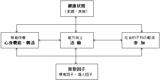 能力向上活動、健康状態（変調・疾病）、心身機能・構造（機能改善）、参加（社会的不利の軽減）、背景因子（環境因子・個人因子）