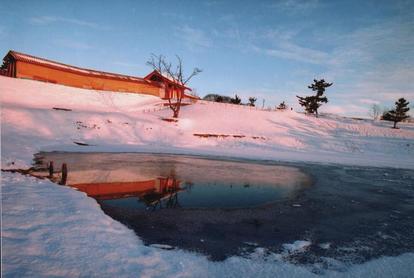 雪が積もった古代沼と外郭東門